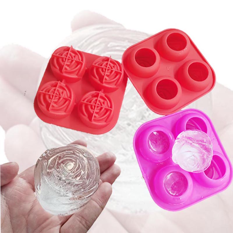Σιλικόνη 3D Rose Ice Mold Μεγάλο δίσκο πάγου, κάνει 4 χαριτωμένο πάγο σε σχήμα λουλουδιού, σιλικόνη καουτσούκ διασκέδαση μεγάλος κατασκευαστής μπάλας πάγου για κοκτέιλ χυμό ουίσκι καταψύκτη, πλυντήριο πιάτων ασφαλής, τρία χρώματα